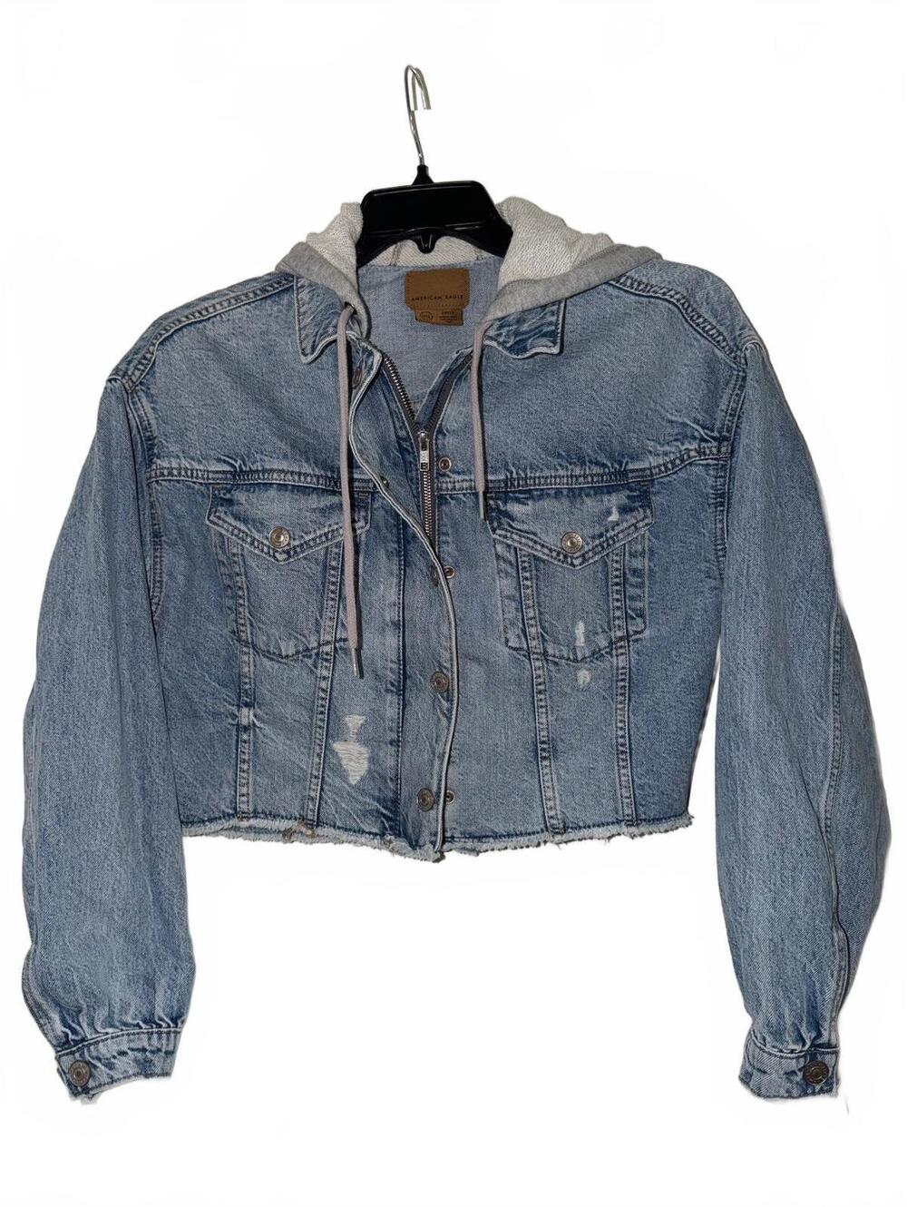 American Eagle Women's Distressed Cropped Denim Jacket with Grey Hoodie, Size S